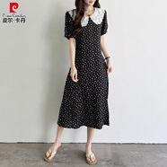 皮爾卡丹（pierre cardin）蕾絲娃娃領(lǐng)棉綢碎花連衣裙女夏2025獨(dú)特絕美人造棉掐腰顯瘦長(zhǎng)裙子 白色小心心 3XL 適合90-115斤