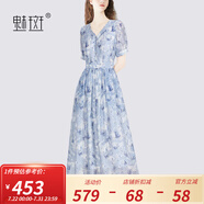 魅斑法式印花V領(lǐng)收腰新款連衣裙女2024夏季新款萊賽爾顯瘦連身裙 花色 L