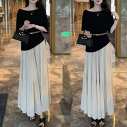 忻依美時(shí)尚套裝裙女2025夏季新款時(shí)髦法式不規(guī)則斜肩上衣半身裙兩件套裙 黑色上衣+半身裙（套裝+腰帶） L (110-120斤)