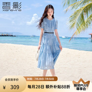 香影藍色泡泡袖連衣裙女2025夏季新款法式超好看風(fēng)琴褶正肩高腰裙 藍色 XL