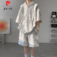 皮爾卡丹（pierre cardin）扎染短袖t恤套裝男生酷帥衛衣整套大碼男裝兩件套夏季潮流短褲  白色連帽 2XL