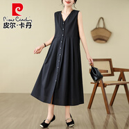 皮爾卡丹2025夏裝新款韓國復古v領(lǐng)連衣裙無(wú)袖寬松背心裙氣質(zhì)中長(cháng)裙 黑色 M 建議85-120斤
