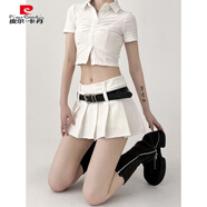 皮爾卡丹學(xué)院風(fēng)腰帶百褶半身裙女夏高腰小個(gè)子a字白色超短裙美式裙褲 白色 S