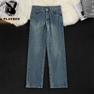 花花公子（PLAYBOY）春季薄款牛仔褲bf潮牌百搭學(xué)生男士褲子寬松直筒美式水洗休閑長(cháng)褲 復古藍色 S