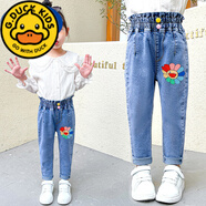 G.DUCKKIDS女童牛仔褲春秋裝2025新款洋氣高腰中小童女寶寶彈力休閑韓版褲子 彩色太陽花 藍(lán)色高腰紐扣款 90 cm 建議年齡1-2歲