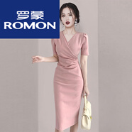 羅蒙連衣裙新款感名媛職業(yè)V領(lǐng)包臀裙2025夏季女裝輕奢御姐范修身裙子 粉色 XL 115-125斤