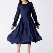 岸香絲縷桑蠶絲暗紋提花藏藍圓領(lǐng)喇叭長(cháng)袖寬松多褶百搭休閑連衣裙AE1965 素玄如畫(huà)（A63） L