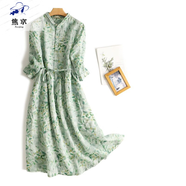 蕉京素訂女高端碎花苧麻長(cháng)袖連衣裙系帶收腰顯瘦洋氣棉麻大擺長(cháng)裙 綠色(少量現貨) XL 【建議125-145斤】