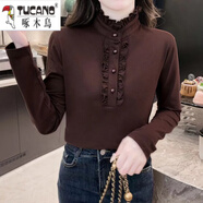 啄木鳥(niǎo)（TUCANO）加大尺碼半高領(lǐng)純棉長(cháng)袖打底衫女春秋加絨加厚中年媽m媽中領(lǐng)t恤上 咖啡色【專(zhuān)柜品質(zhì) 不變形】 S 建議80-90斤