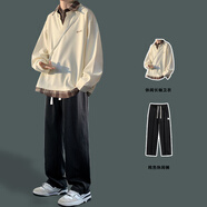 主意范假兩件衛(wèi)衣男春秋季大碼POLO衫內搭打底衫潮牌拼接襯衫領長袖外套 （兩件套）米白衛(wèi)衣+黑色休閑褲 3XL 165-180斤