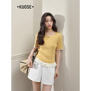 闊色（kuose）闊色黃色荷葉邊短袖針織衫上衣女25夏季新款小個(gè)子設計 淺黃色現貨 S