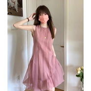 溥畔韓系風(fēng)格穿搭小個(gè)子顯高歐根紗網(wǎng)紗裙粉色無(wú)袖a字連衣裙子女 圖片色 M