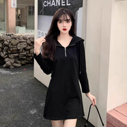 歌司朗衛(wèi)衣連衣裙連帽大碼洋氣少女恤裙女韓版氣質(zhì)長袖顯高打底胖妹妹 黑色薄款 M 建議80-95斤