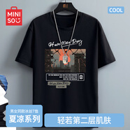 名創(chuàng)優(yōu)品（MINISO）冰絲短袖t恤男士夏季涼感透氣半袖學(xué)生休閑百搭男裝運(yùn)動速干衣服 黑色(日落城市) L 175(體重120-140斤左右)