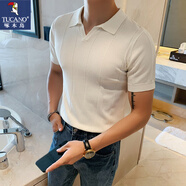啄木鳥（TUCANO）高端冰絲短袖T恤男士夏季2025新款商務(wù)男裝上衣痞帥v領(lǐng)針織POLO衫 白色 【修身版型】 M 【建議80-100斤穿】