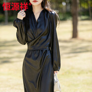 恒源祥2025春秋新款氣質(zhì)優(yōu)雅V領(lǐng)系帶緞面光感絲滑收腰連衣裙顯瘦長裙 黑色 M 80-120