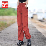 黛姿茹美式工裝褲女夏季薄款2025新款高腰寬松直筒褲子女運動登山束腳褲 紅色 薄款 XL (29) 【推薦115-125斤】