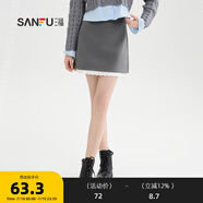 三福短裙2024冬季少女休閑格紋高腰A字半身裙女裝491574 淺花灰-花邊 M
