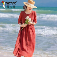 啄木鳥(niǎo)新款文藝復古媽媽刺繡連衣裙夏大碼女裝圓領(lǐng)顯瘦棉麻長(cháng)款大擺裙子 紅色 XL 建議120-135斤