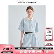 VEGA CHANG工裝連體短褲女夏2025新款小個(gè)子顯瘦高級(jí)感連身衣褲 藍(lán)色 L