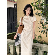 鷺青一原創(chuàng)【清光調(diào)】重工提花旗袍裙女夏季國風(fēng)改良新中式連衣裙 米色旗袍裙 M