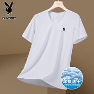花花公子（PLAYBOY）短袖T恤男半袖上衣男士半截袖夏季冰感透氣戶外運(yùn)動(dòng)體恤休閑服 白色 2XL （建議145-165斤）