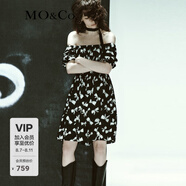 MO&Co.混紡蝴蝶結泡泡袖露肩兩穿黑白連衣裙氣質(zhì)裙子女 黑底白花色 XS 155