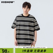 viishow潮牌夏季復(fù)古撞色條紋圓領(lǐng)短袖T恤男女寬松情侶休閑百搭體恤 黑白條 S