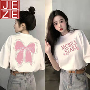JEZE短袖T恤女2025正肩學(xué)生寬松洋氣印花半袖夏季女裝新款上衣 重磅棉質(zhì)#811#白#色 蝴蝶結 【個(gè) S (建議65-100斤)