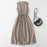 羅蒙（ROMON）出口意大利尾單文藝棉麻條紋無(wú)袖連衣裙長(cháng)裙V領(lǐng)背心裙夏 黑色 M 建議95-115斤