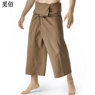 覓佰泰國云南傣族民族風(fēng)綁帶寬松闊腿褲裙褲男女加大碼休閑褲紙布袋褲 咖啡色 均碼