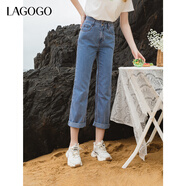 LAGOGO高腰直筒牛仔褲女拉谷谷2025年夏季新款淺藍色滌棉竹節長(cháng)褲 淺牛仔藍 L