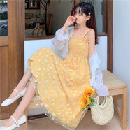 白色小清新雛菊碎花中長款顯瘦背帶吊帶連衣裙子女2025潮流夏天 黃色吊帶裙+衫 S