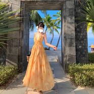 茯見(jiàn)海邊度假風(fēng)黃色露背吊帶連衣裙女2025夏季氛圍感純欲穿搭仙女長(zhǎng)裙 露背連衣裙S【建議90斤以下】