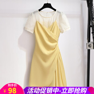 小個(gè)子連衣裙夏季短款顯瘦小黑裙新款氣質(zhì)修身吊帶裙子假兩件連衣裙 黃色 L