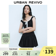UR2025春季新款女裝撞色蕾絲飄帶U領無袖修身連衣裙UYY750014 黑色 L
