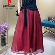 皮爾卡丹（pierre cardin）歐根紗半身裙女2025新款夏季a字中長裙子網紗高腰裙顯瘦大擺傘裙 酒紅色 S