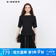 S.DEER圣迪奧夏季女裝法式圓領(lǐng)分褶拼接不規(guī)則中袖T恤S24260103 黑色/91 S 160