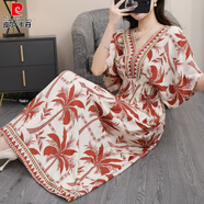 皮爾卡丹（pierre cardin）波西米亞棉綢碎花連衣裙長(cháng)款前后V領(lǐng)沙灘裙氣質(zhì)泰國度假長(cháng)裙旅游 椰林棕色 2XL