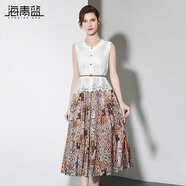海青藍(lán)蕾絲上衣套裝女2025年高級(jí)時(shí)尚氣質(zhì)女裝印花半身裙兩件套 咖色 XL