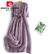 皮爾卡丹（pierre cardin）意大利高端品牌余單女風(fēng)琴褶苧麻仙女裙大擺棉亞麻連衣裙 紫色(少量現(xiàn)貨)今年流行的輕奢品 M 【建議90-110斤】