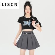 LISCN韓版百褶裙短裙女2025春夏新款西裝小個子高腰顯瘦a字半身裙休閑 灰色 L