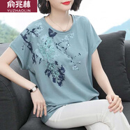 俞兆林（YUZHAOLIN）夏季棉女裝中老年短袖T恤女夏裝寬松上衣大碼中年媽媽半袖t桖夏 豆綠 XL 【120-140斤】
