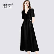 魅斑赫本風(fēng)鏤空串珠連衣裙女2025夏季連身裙小黑裙公主裙女 黑色 M