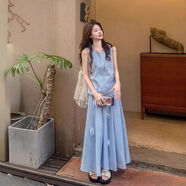 GOCHIEI今年流行法式蝴蝶結藍色無(wú)袖套裝裙女夏裝搭配一整套半身裙兩件套 藍色套裝2561 S