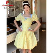 皮爾卡丹（pierre cardin）法式甜美多巴胺波點(diǎn)連衣裙女夏季大碼胖m收腰顯瘦泡泡袖a字裙子 黃色短款 2XL 【135-155斤】