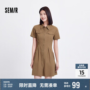 森馬連衣裙女收腰襯衫裙復(fù)古休閑夏季美拉德純色短裙101324114030