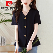 皮爾卡丹（pierre cardin）法式v領(lǐng)收腰襯衫女夏季休閑襯衣2025新款小香風(fēng)短袖上衣裙擺小衫 黑色今年流行的輕奢品牌 S 80-95斤