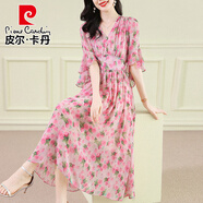 皮爾卡丹（pierre cardin）仿真絲喇叭袖碎花連衣裙夏新款氣質(zhì)名媛女神范感度假桑蠶絲長(cháng)裙 粉色碎花 預售5天 2XL