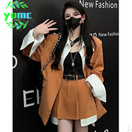 YOMC兩件套 韓版女新款拼接假兩件西裝外套配腰帶拼接裙褲ins風(fēng)套裝女 橘色套裝_(外套+半裙) L _110-125斤